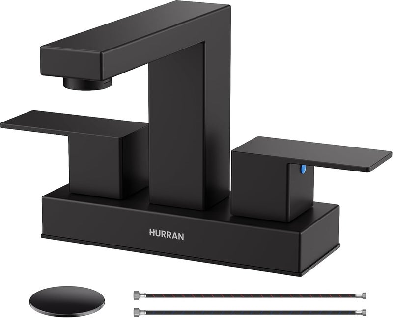 Hurran Matte Black Bathroom Sink Faucet, 4 inch Bathroom Faucets for Sink 3 Hole with Pop-up Drain and Supply Lines, Stainless Steel 2-Handle Faucet for Vanity RV Restroom - Image 1